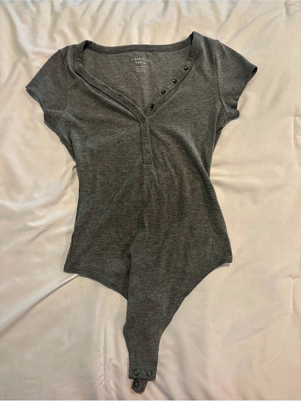 American Eagle Ribbed Short Sleeve Henley Bodysuit Gray XS